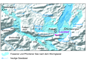 Grafik, auf der die Gewässer nach der letzten Eiszeit und die heutigen Gewässer zwischen Pfronten und Schwangau eingezeichnet sind.